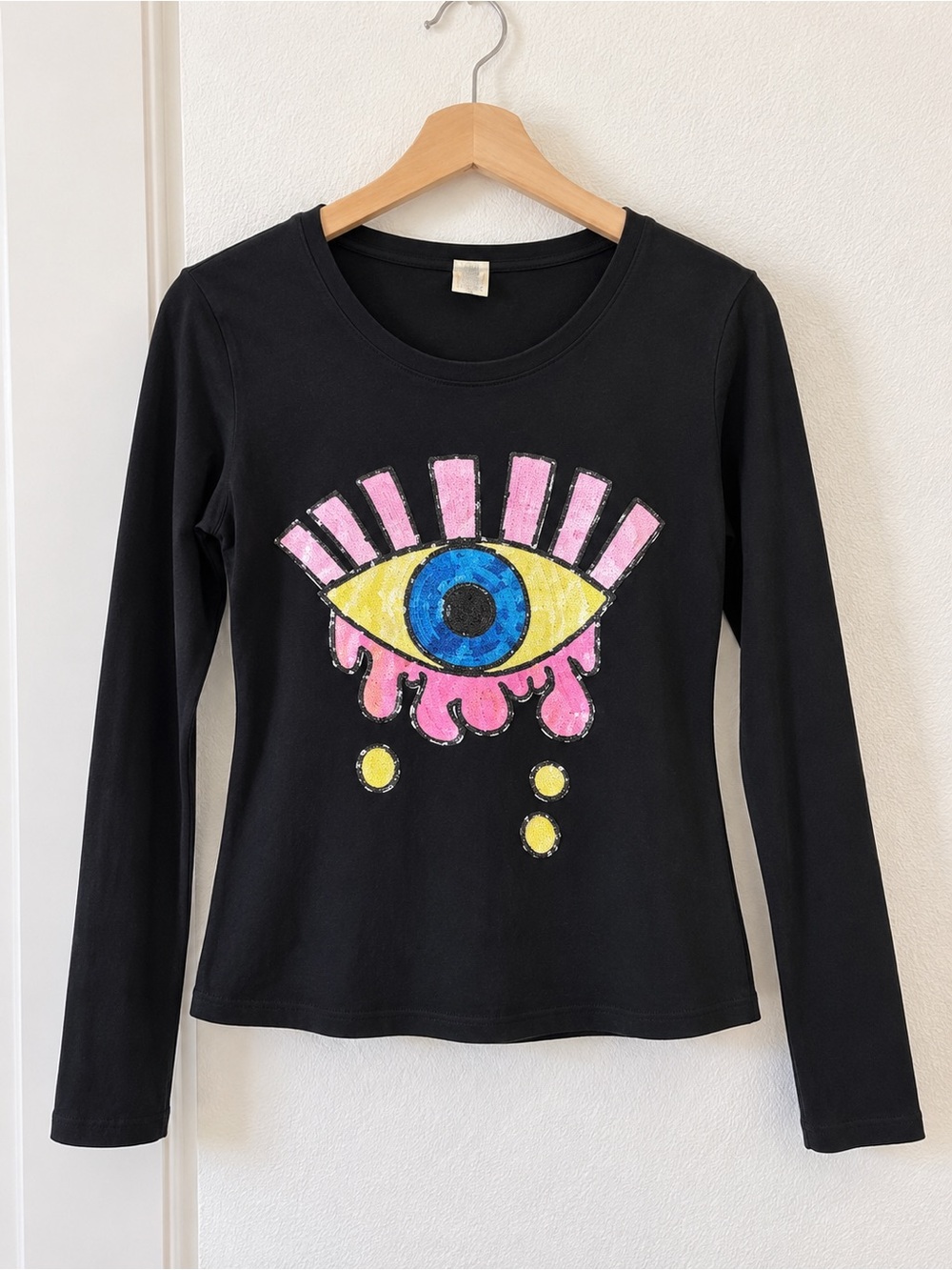 Black Cotton Sparkly Eye Long Sleeve Top – XL